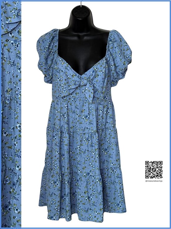 Trixxi Dresses & Skirts - Medium EUC - Trixxi Blue Floral-Print Puff Sleeve Bust-tie Fit & Flare Dress